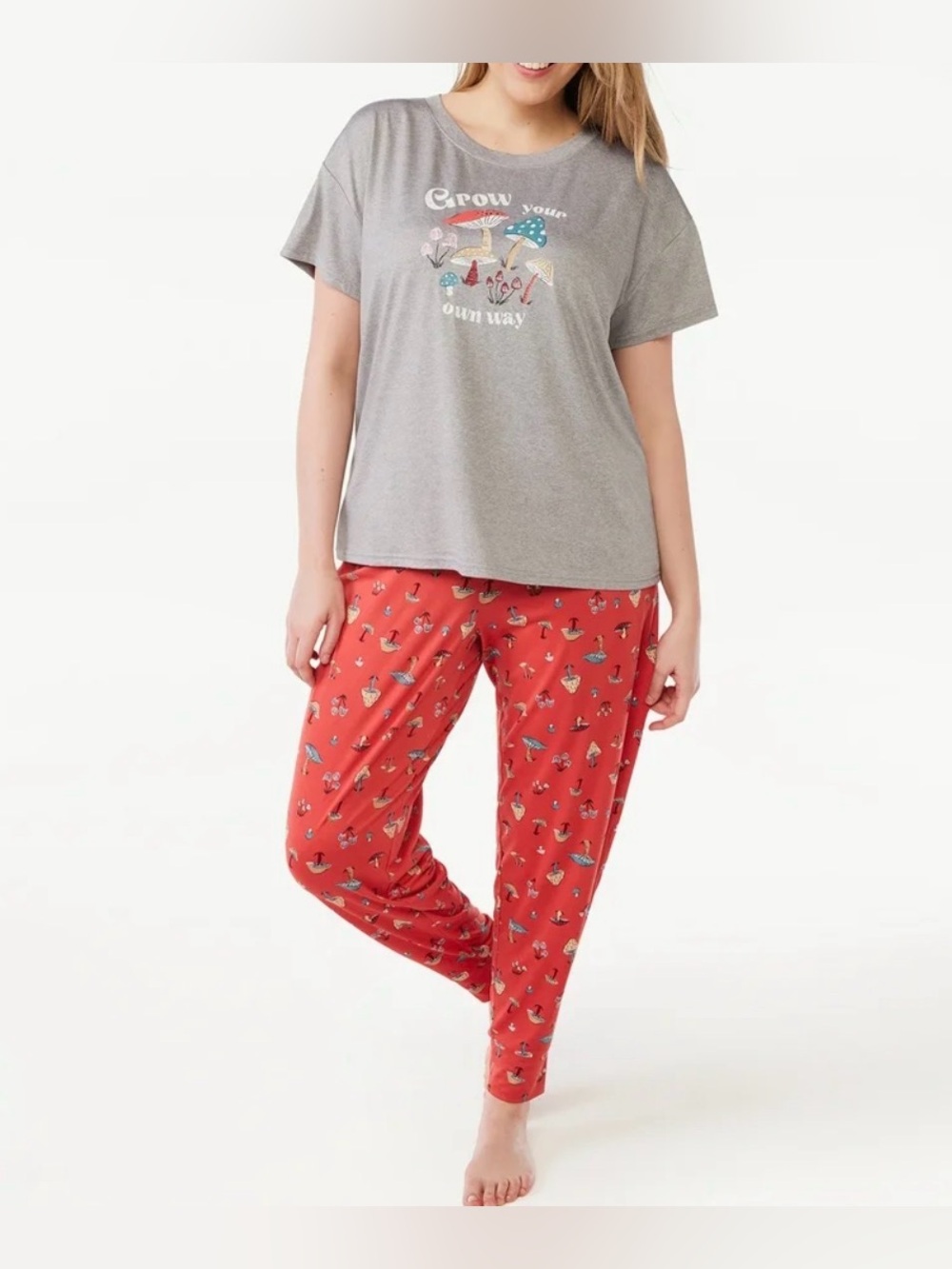 Joyspun Women’s Two-Piece Sleep Set - Gray Top & Red Printed Pants M/L